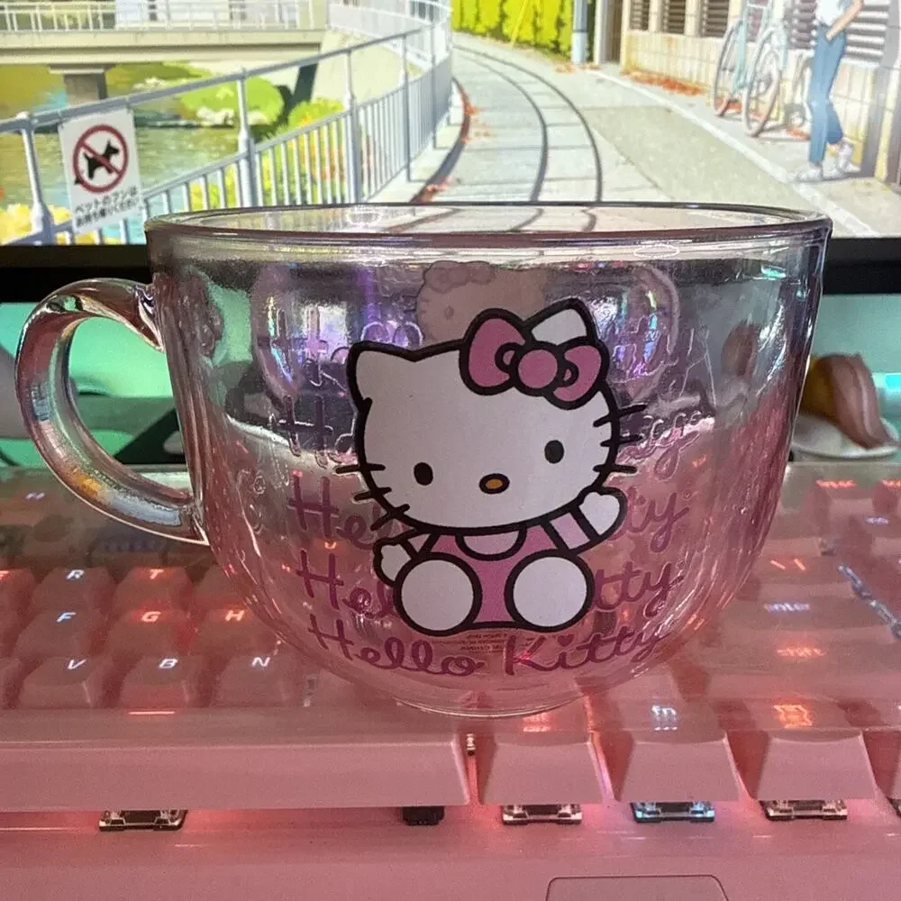 Sanrio Hello Kitty Mug Clear Pink Glass Large Coffee Latte Tea Cup 16oz 2024